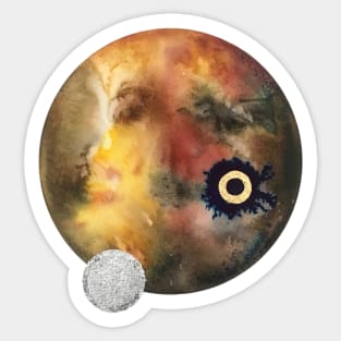 Planet and Moon in Earthtones, Silver, and Gold Sticker